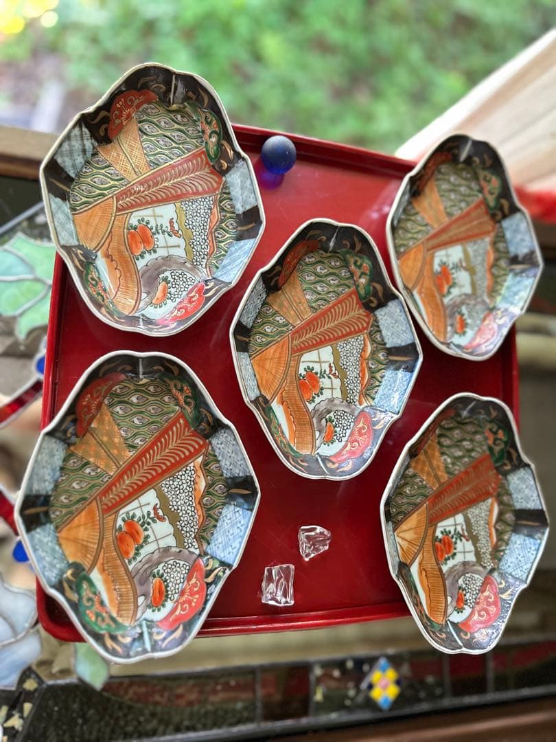 S様へ感謝お嫁入り‼️四季に麗し‼️伊万里錦手若松＆橙＆ふきよせ　兜菱形刺身皿 5客