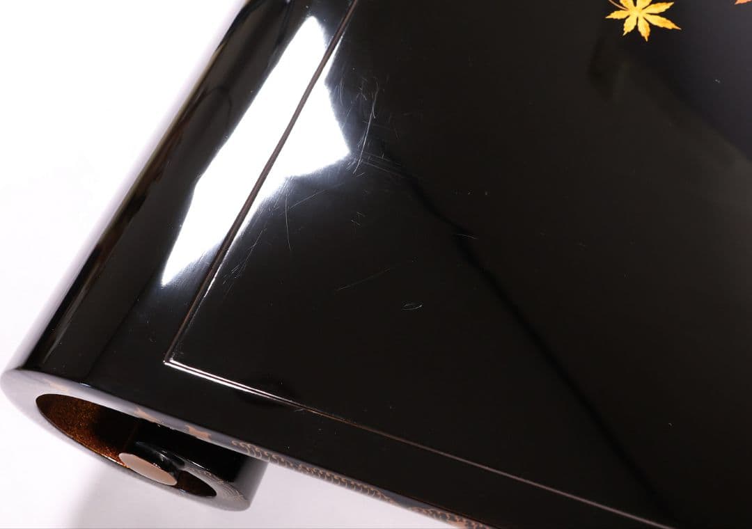 漆芸 紅葉桜 波千鳥 蒔絵 巻足 平卓 花台 黒塗 梨地 木製 楓【MA939】