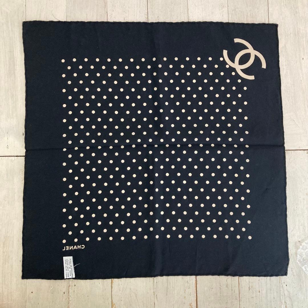 CHANEL シャネル ハンカチ ココマーク ドット柄 シルク ブラック