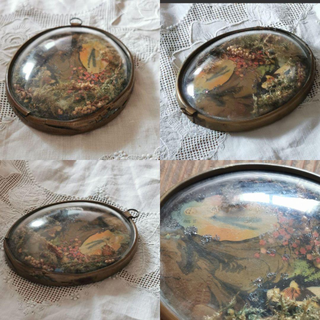 アンティーク ルルドのマリア 真鍮ガラスドームフレーム イコン ドライフラワー飾