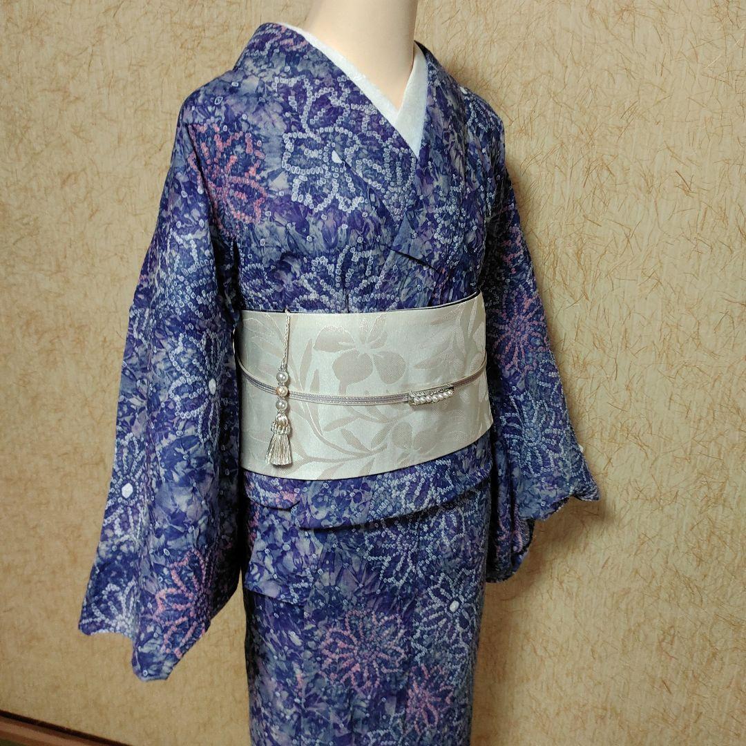 有松鳴海絞り　浴衣　トールサイズ　 お花柄　青〜紫　ピンク白　しつけ付　期間限定