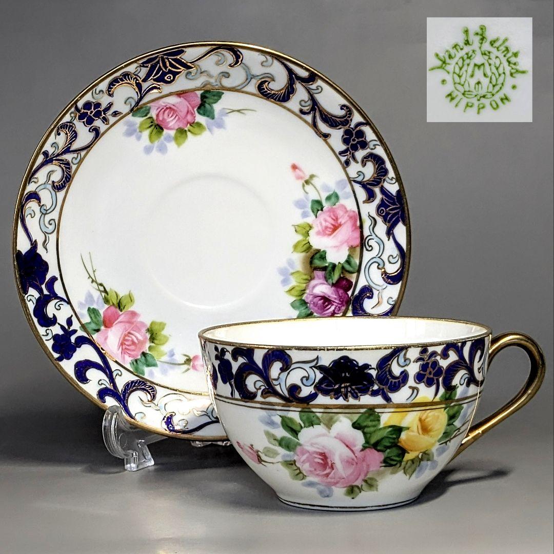 オールドノリタケ銘品!! 金彩藍帯薔薇図紋　キャビネットカップ＆ソーサー
