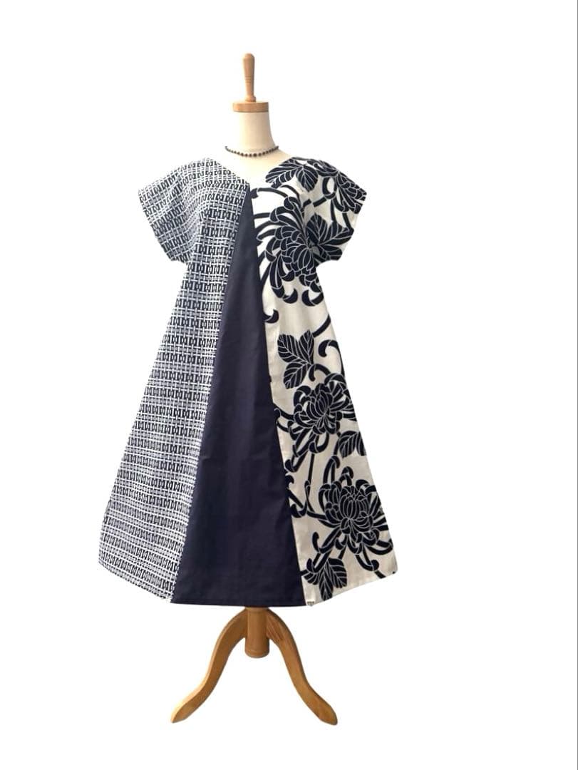 6Y39-⑤浴衣リメイク　ワンピース　ロング　ハンドメイド優雅Aライン　新品反物