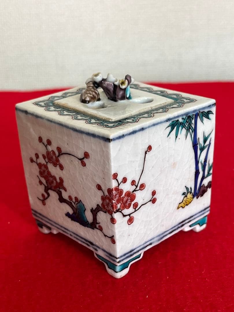 人間国宝 初代 徳田八十吉作 古九谷敬意 角香炉 管理T262