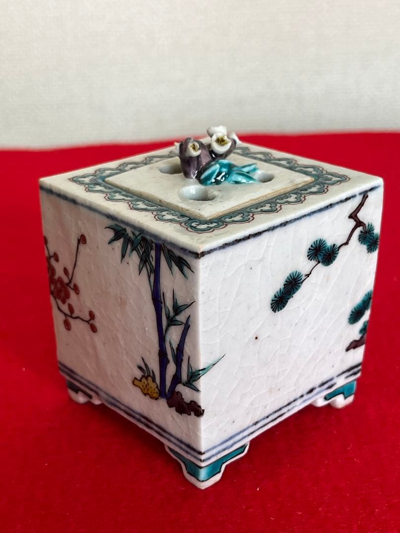 人間国宝 初代 徳田八十吉作 古九谷敬意 角香炉 管理T262