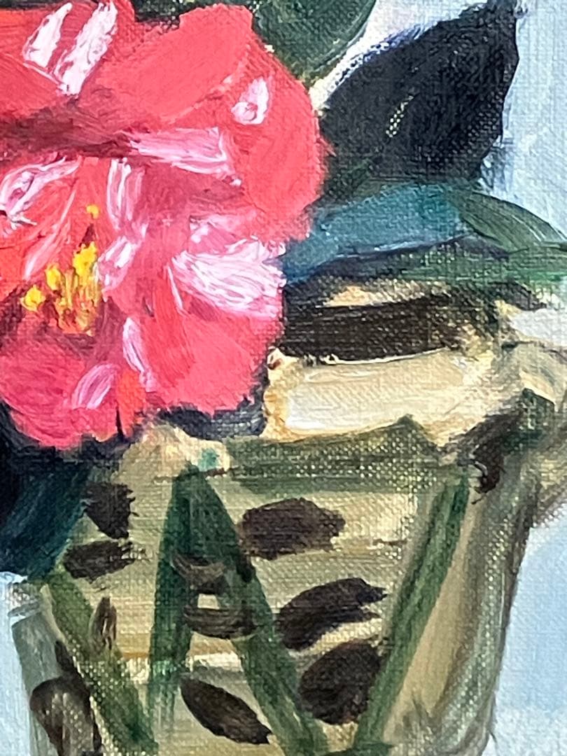 楢原健三「椿」 0号 油彩 油絵 絵画 静物画 当時オリジナル額装 木製額縁