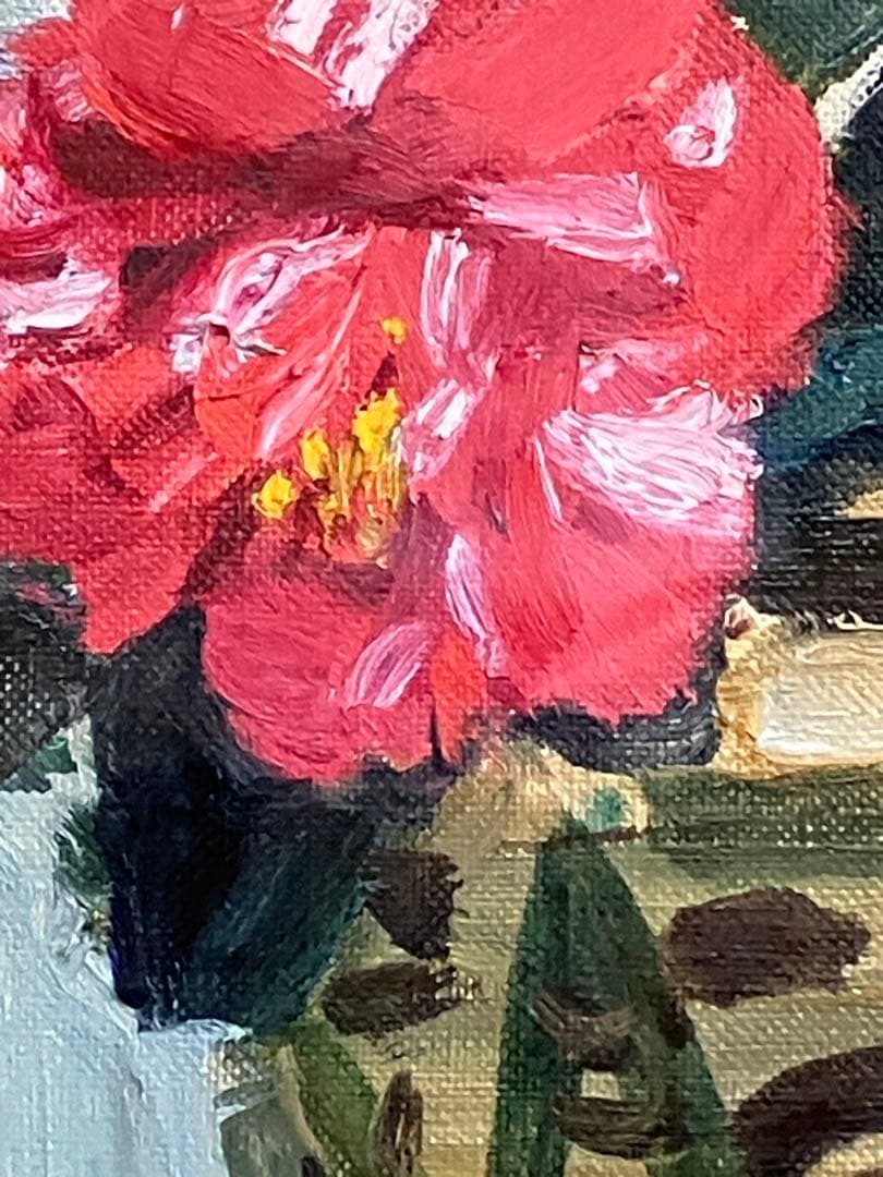 楢原健三「椿」 0号 油彩 油絵 絵画 静物画 当時オリジナル額装 木製額縁