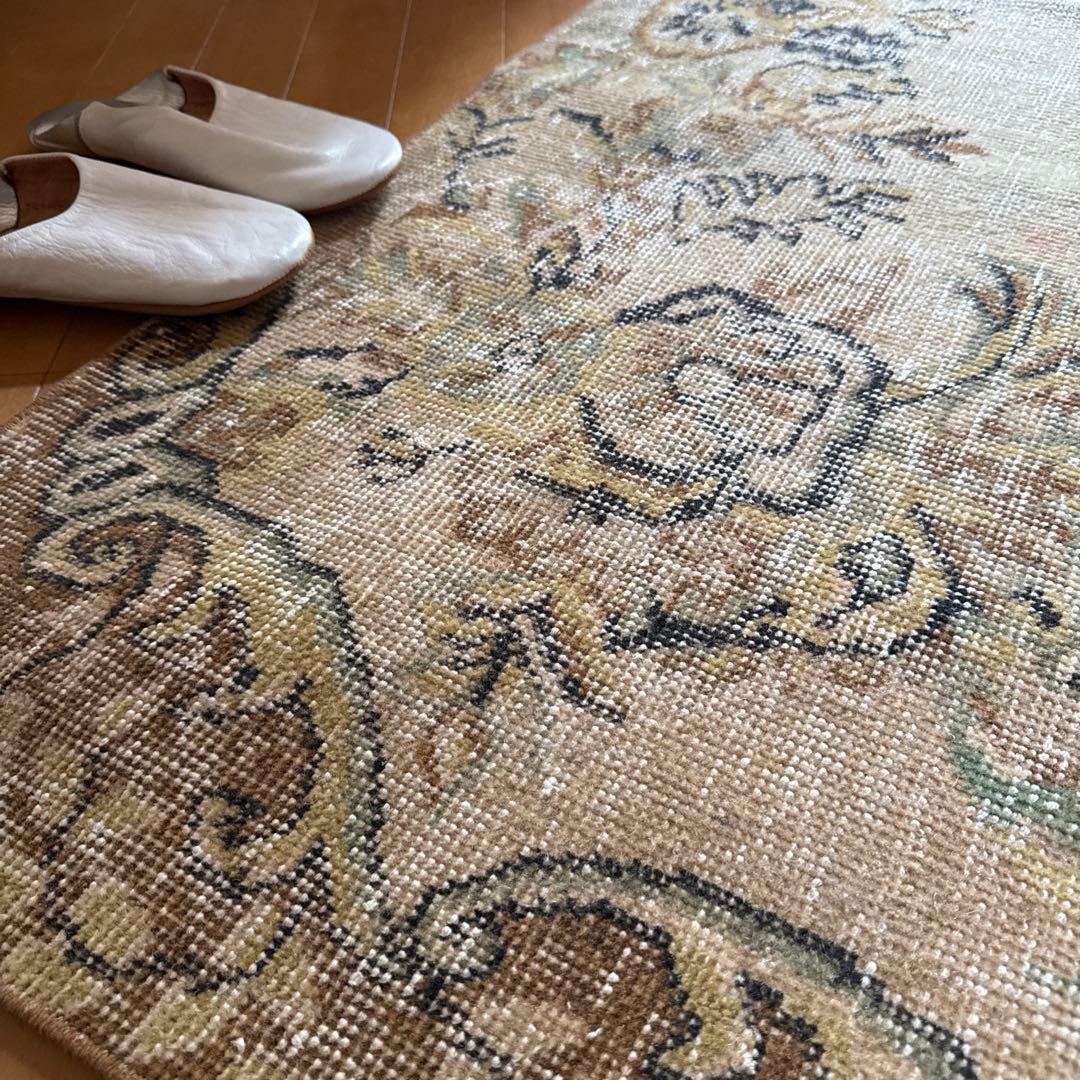 54×165 ロングランナーラグ　ベージュボタニカル　トルコヴィンテージラグ