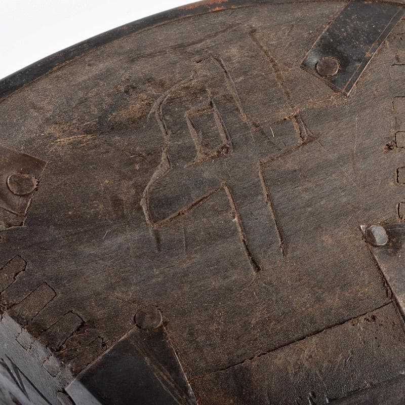 李朝　古民具　唐木製　漢詩刻　鉄金具　持ち手付　小物入　M　R6232