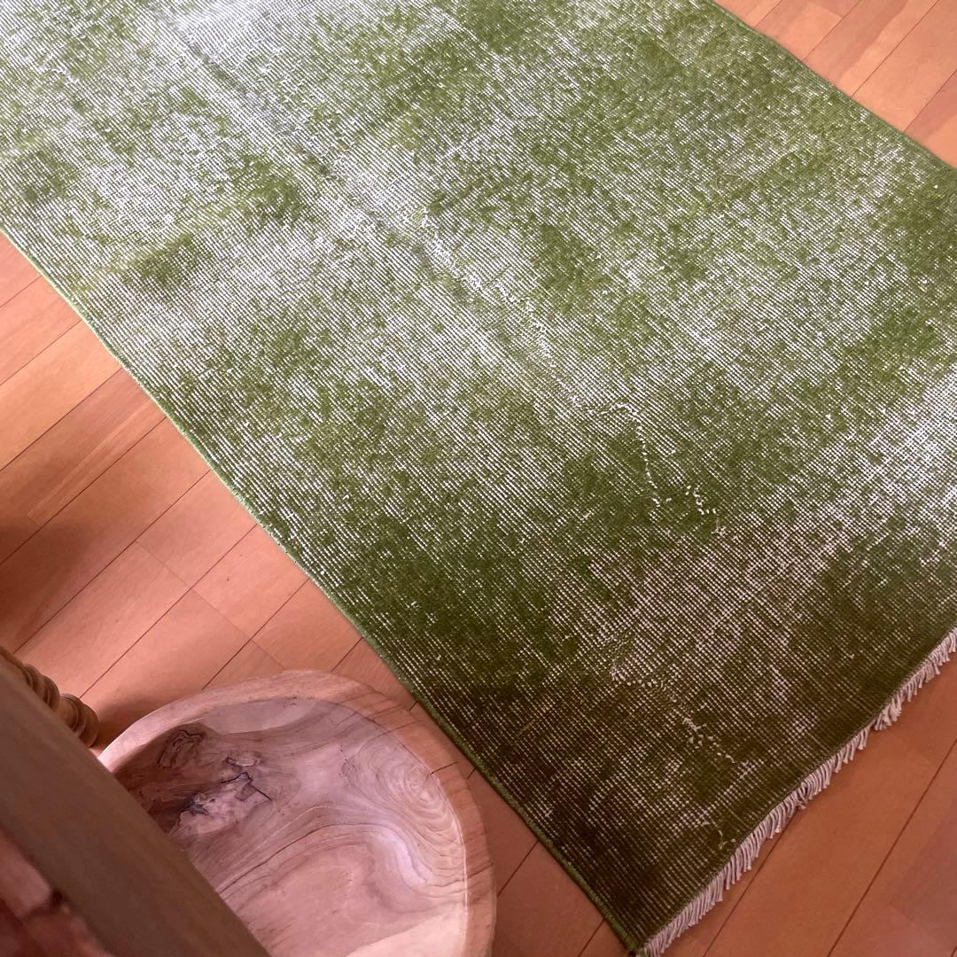 86×209抹茶グリーン　ワンカラーオーバーダイ　匂いありトルコヴィンテージラグ