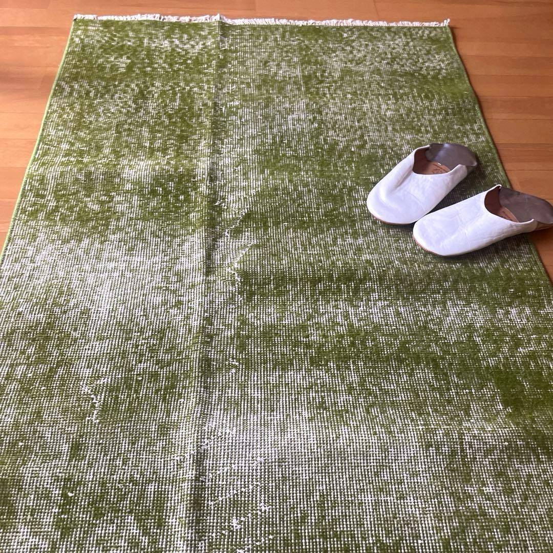 86×209抹茶グリーン　ワンカラーオーバーダイ　匂いありトルコヴィンテージラグ