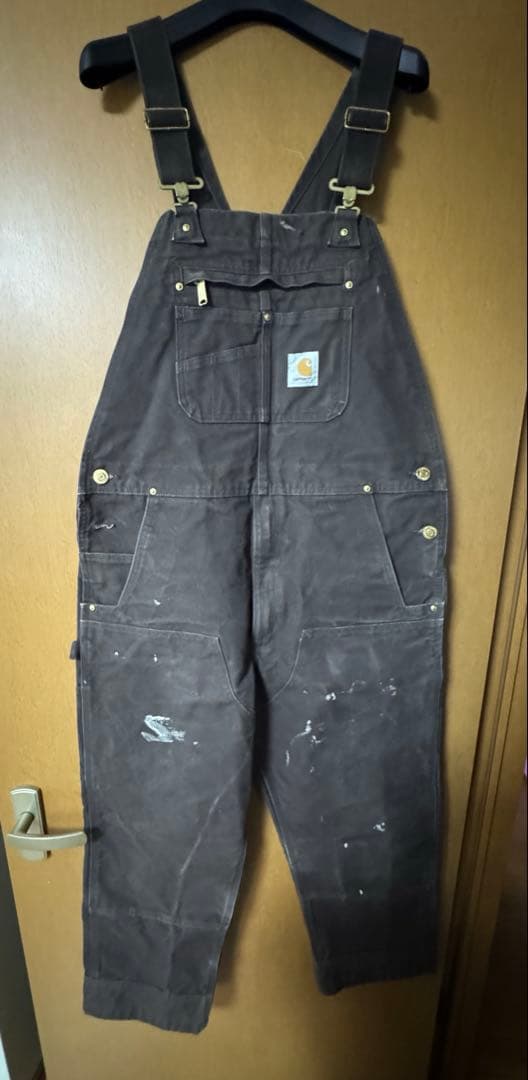 Carhartt ダークブラウン オーバーオール ペンキ 36×30 ダブルニー