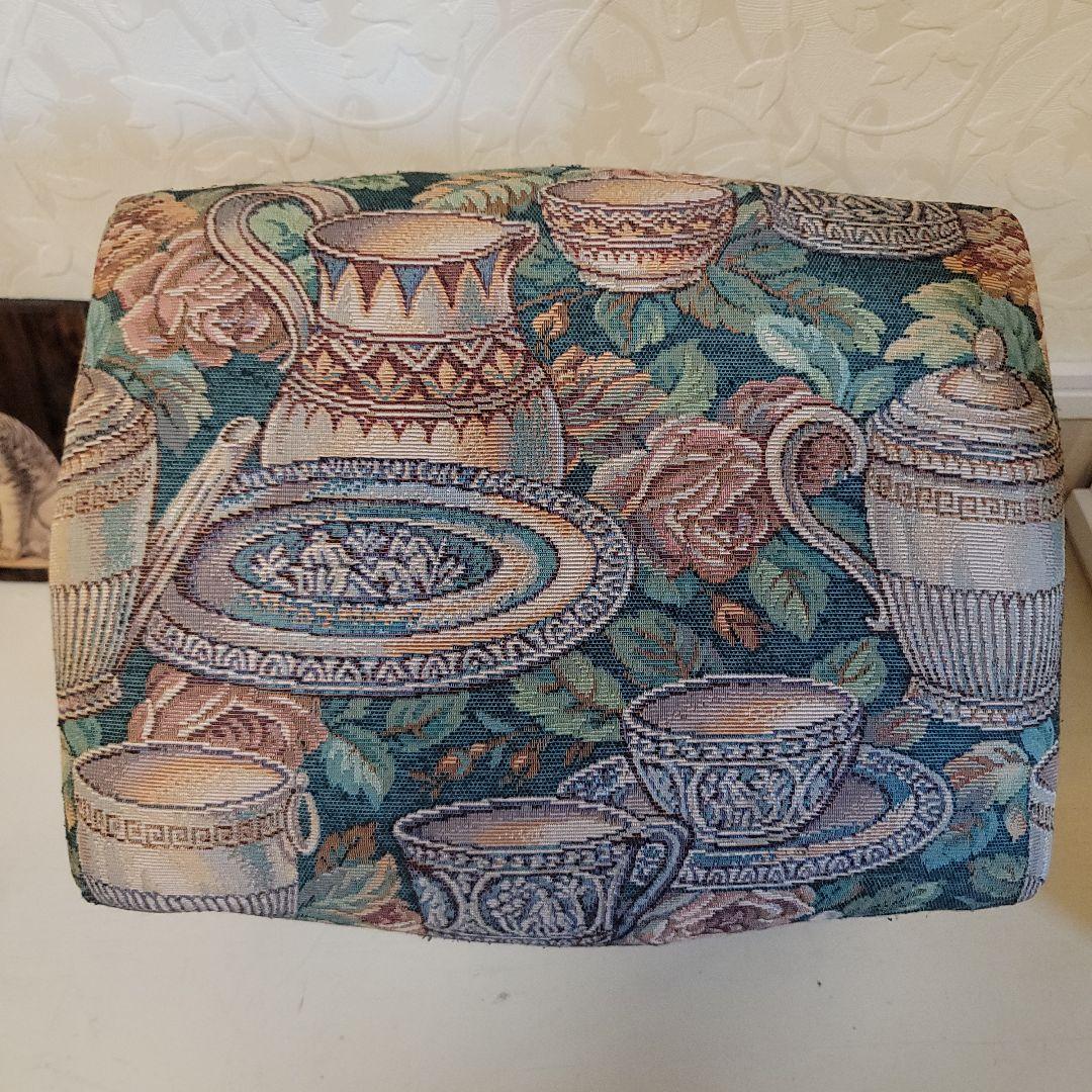 ヴィンテージオットマン　スツール　ゴブラン織り　ティーポット-カップ柄　低タイプ