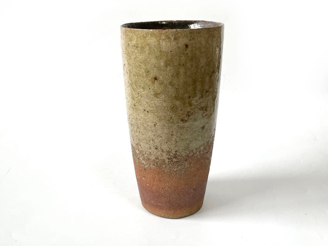 陶芸家　加守田章二　灰釉　筒花入　花瓶　花器　箱なし　益子焼