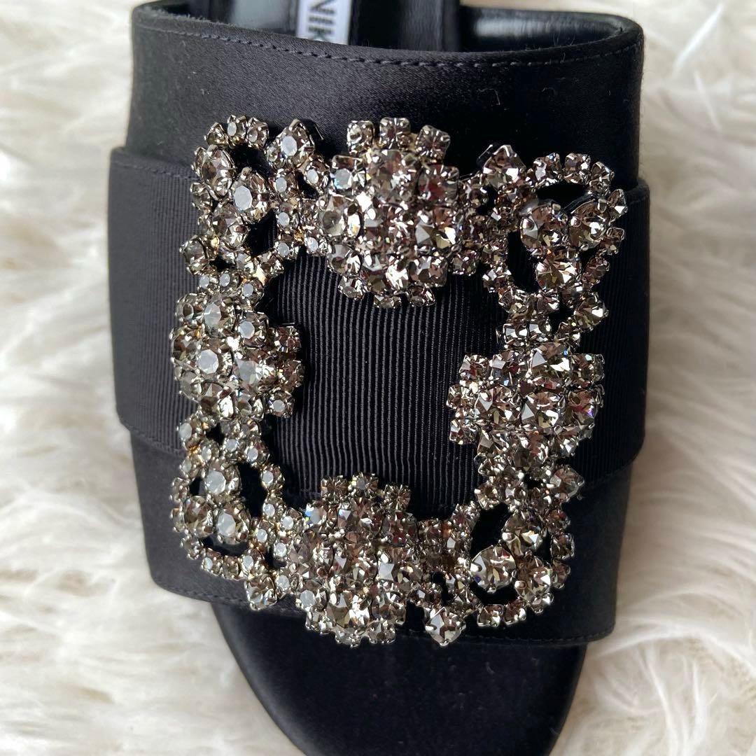 美品✨マノロブラニク サンダル ハンギシ 黒 ビジュー グログランリボン 37