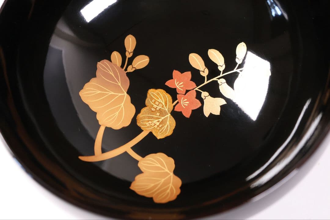 【CM401】天然木漆塗 菊桐鳳凰金蒔絵 黒塗 吸物椀 三客 昭和期 木製漆器