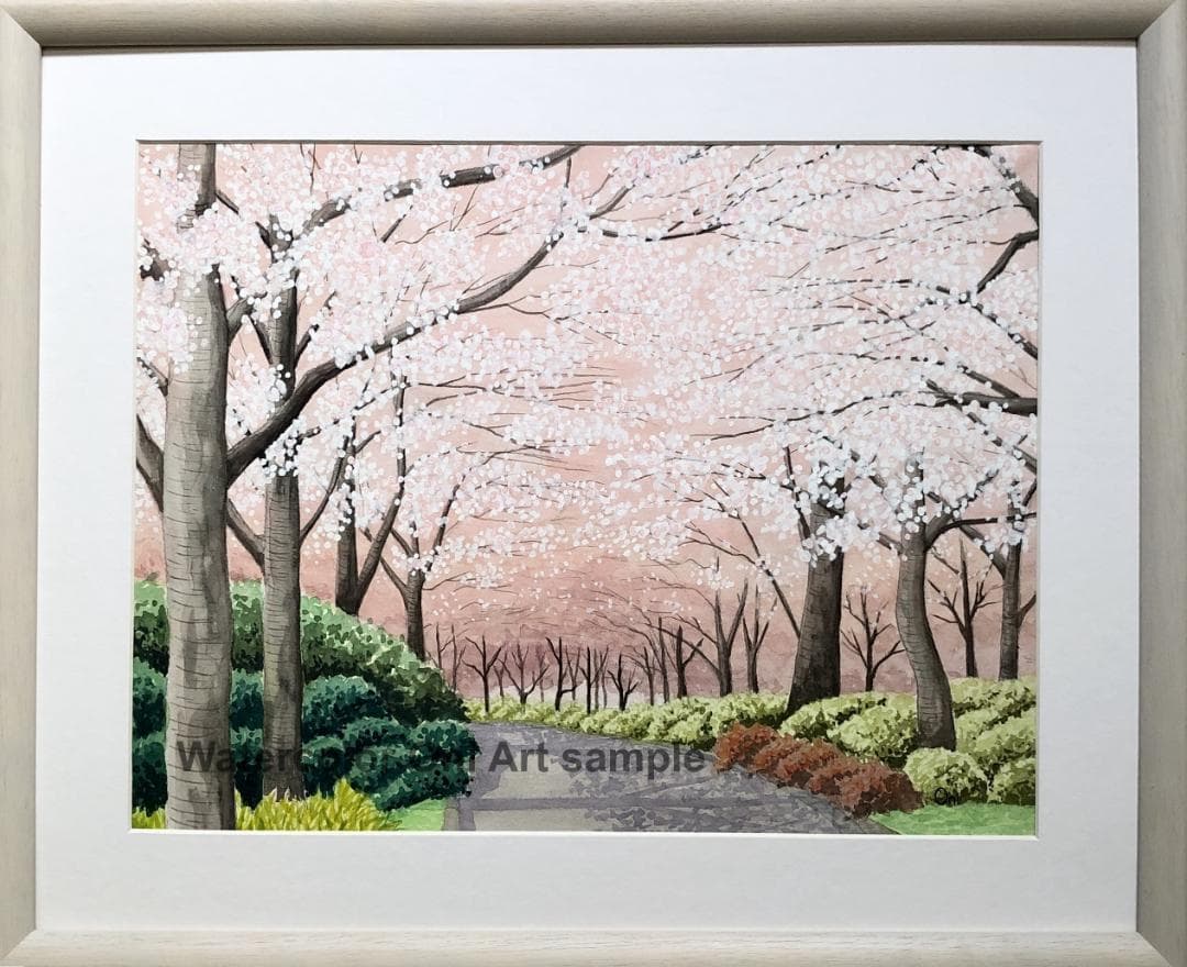 透明水彩画　原画　「桜の小径」額縁付　F6サイズ　風景画
