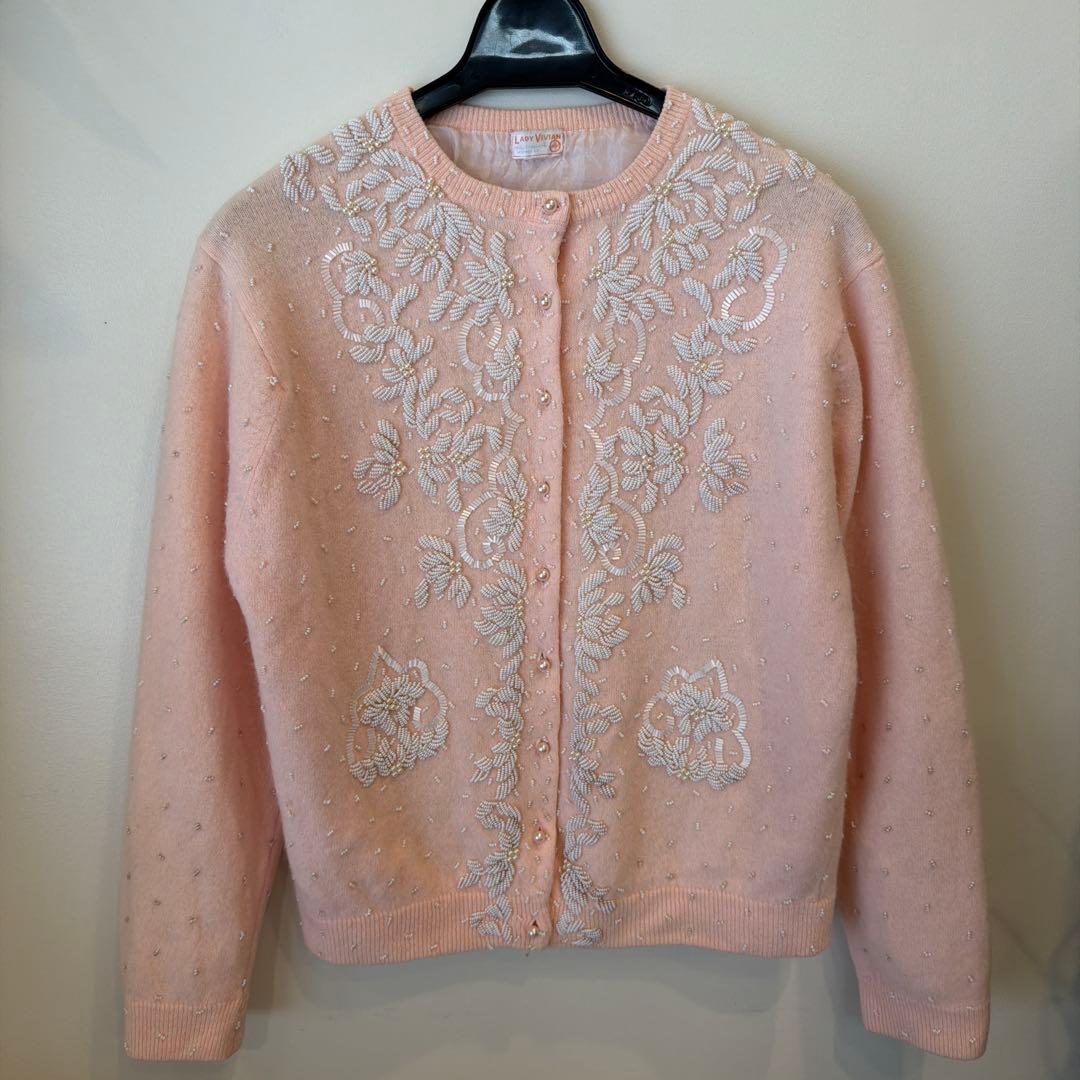 50s60s 香港製　ヴィンテージ ビーズ刺繍カーディガン　パール装飾　ニット