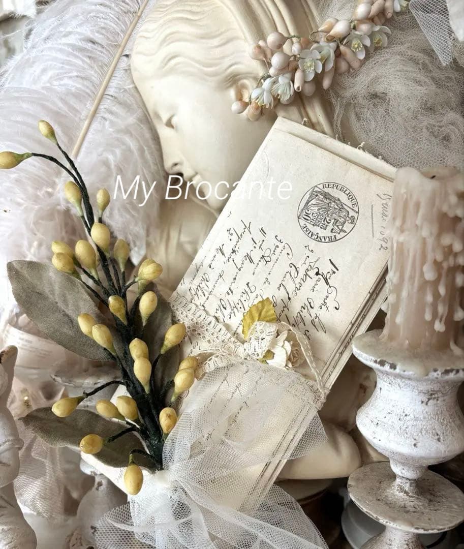 アンティーク雑貨 Old Paper & Handmade Wax Flowers Set