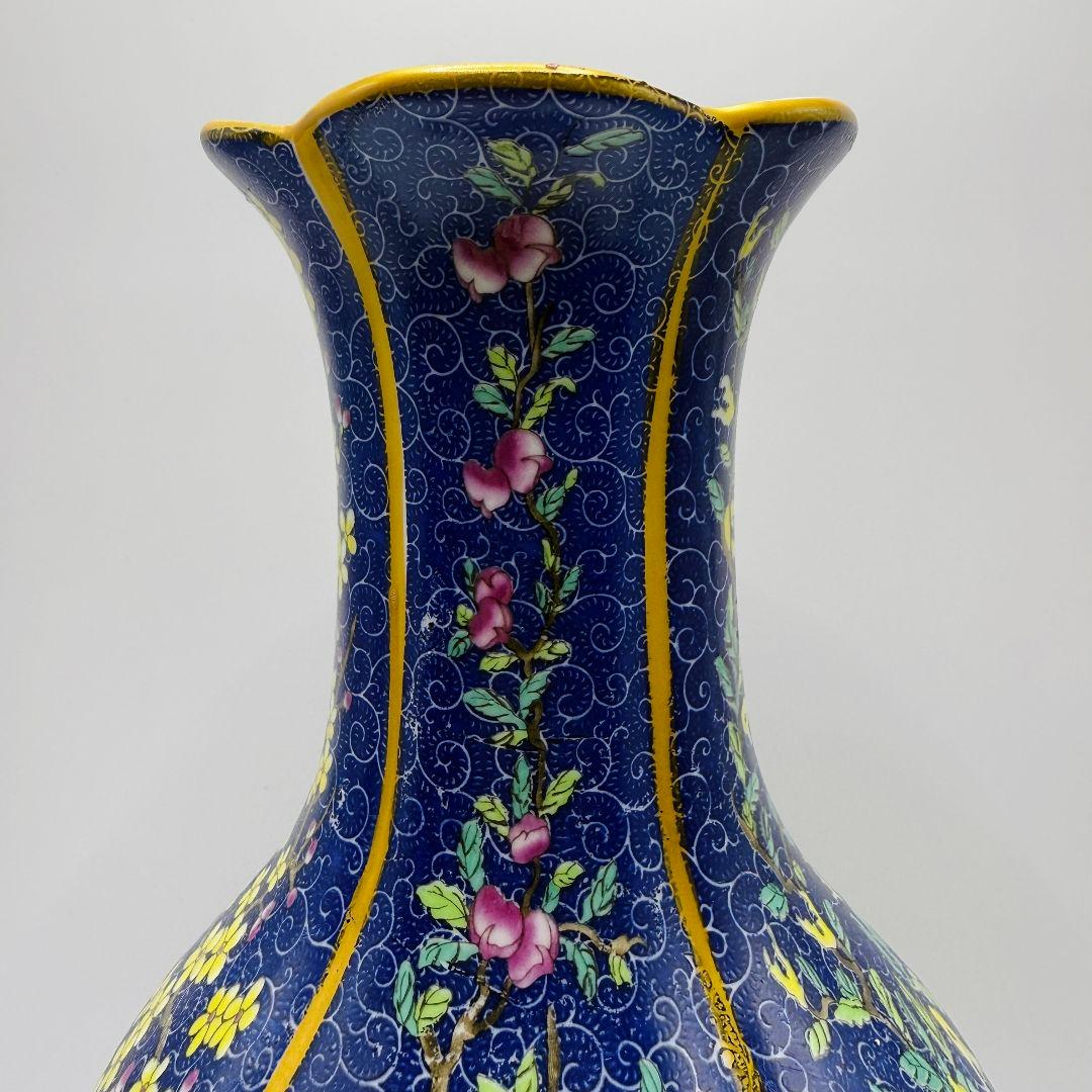 L106 青彩四角エナメル彩彩磁器花瓶 アンティーク