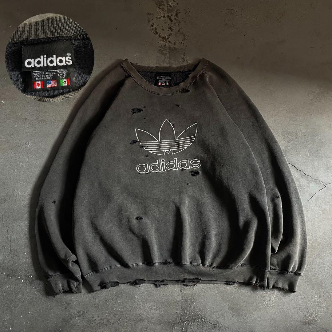 80's 万国旗タグ“adidas”墨黒“USA製”boro sweat