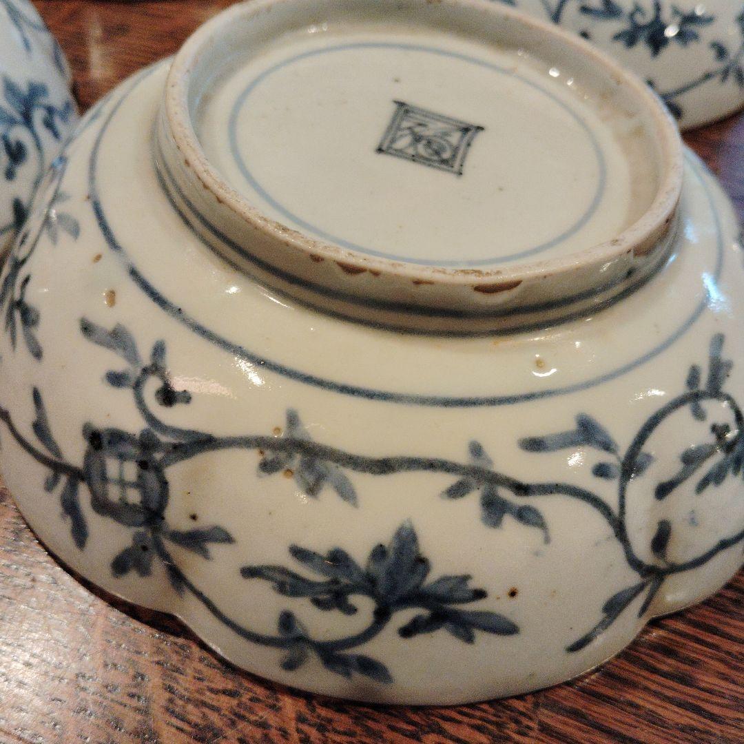 古伊万里なます皿、渦福柿右衛門手。青白磁 花柄 6客