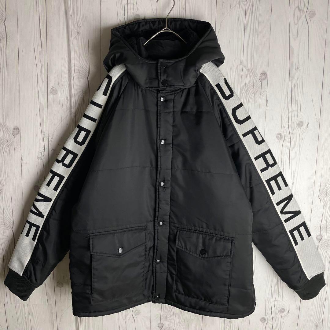 【2WAY】シュプリーム☆両袖ロゴ 裏地ボア ナイロンジップジャケット 黒 L