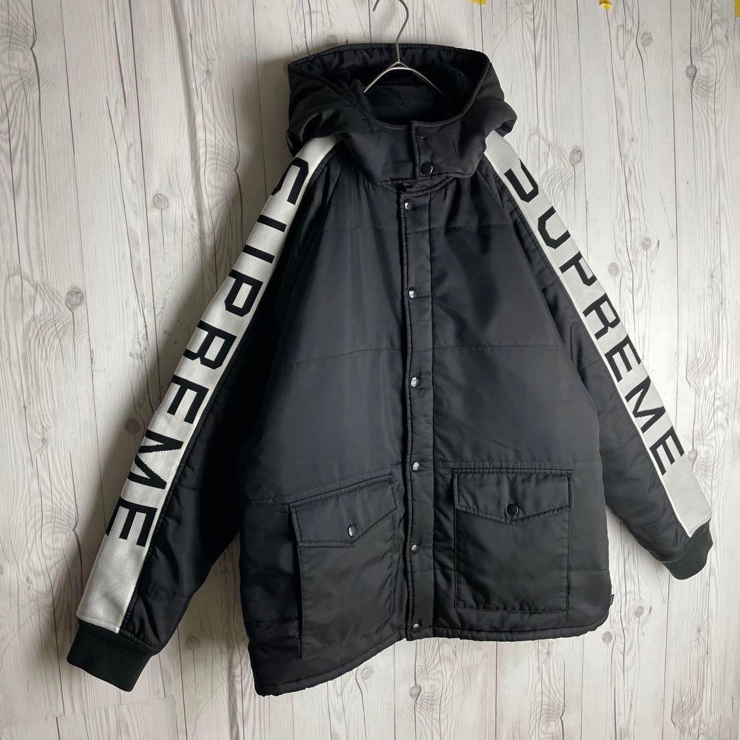 【2WAY】シュプリーム☆両袖ロゴ 裏地ボア ナイロンジップジャケット 黒 L