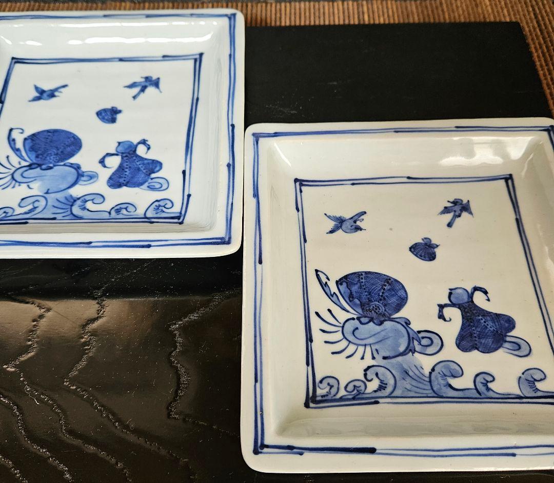 古余呂技窯】名工【川瀬竹春】造　中国明代　天啓染付写　祥瑞手　角皿　菓子皿　2客