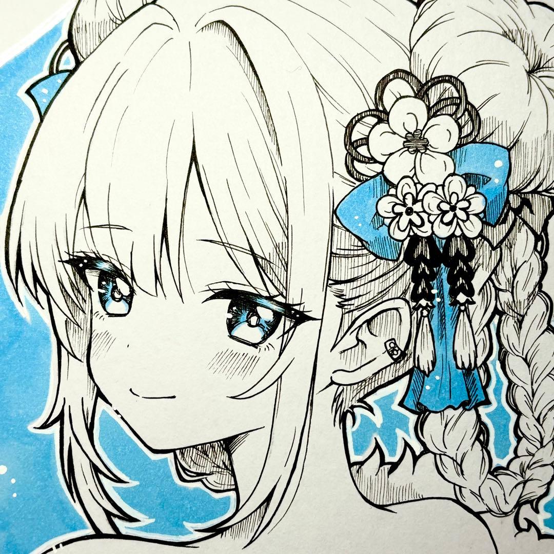 こ*】様 オリジナル手描きイラスト 【水縹の後ろ姿】アナログ　大色紙