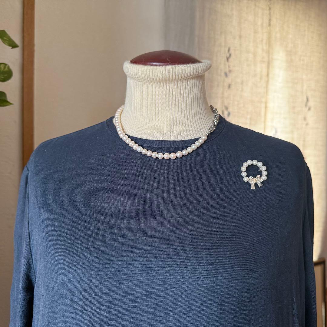 ティファニー925/750アコヤパールリボンリースブローチ　共箱付き