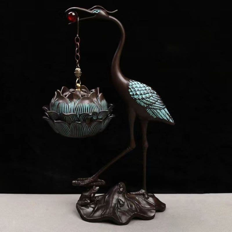 銅 細工 鶴蓮華薫製香炉 炉弔り 執務室 応接間 茶室 書斎薫香炉 工芸品 置物