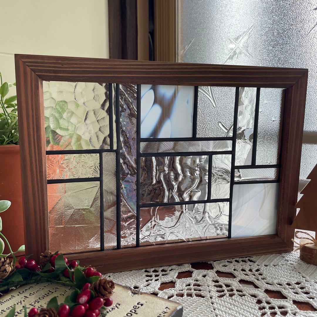 ステンドグラス　パネル　モザイクアート　雪景色