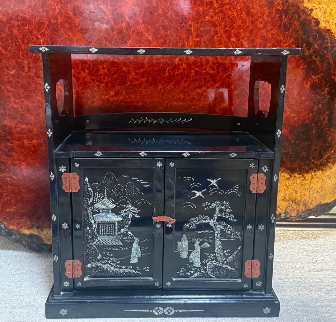螺鈿付　山水人物図小箪笥　茶棚　送料込み260122