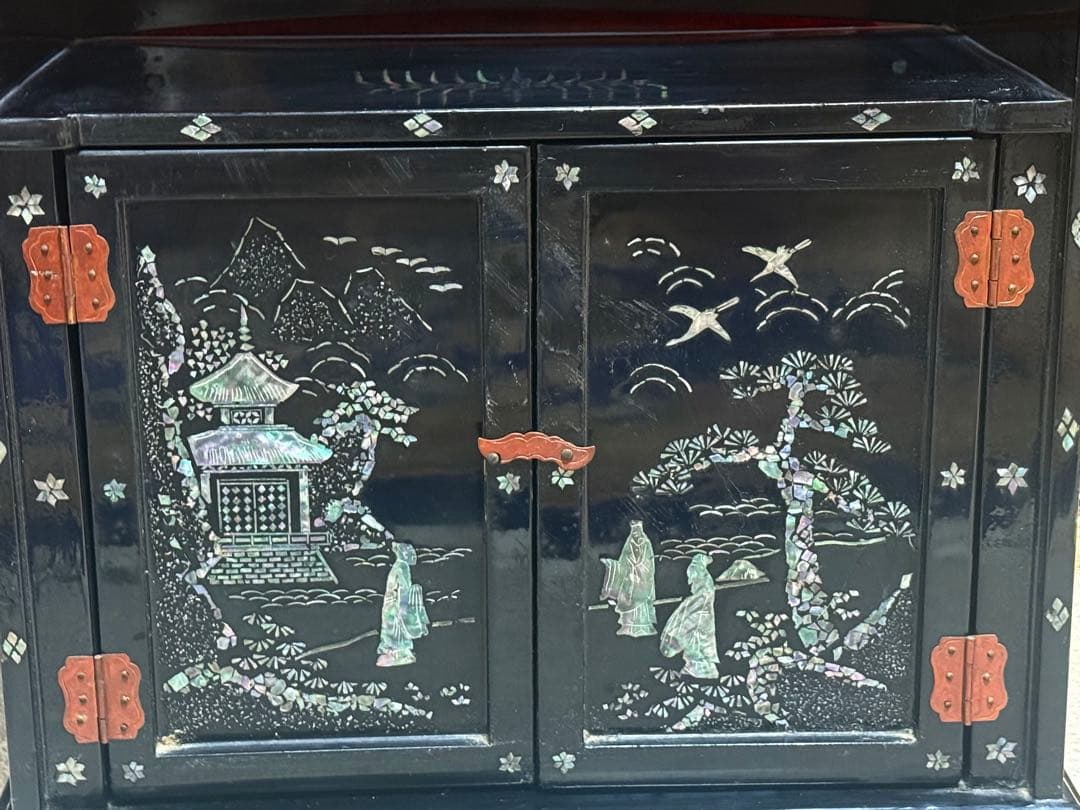 螺鈿付　山水人物図小箪笥　茶棚　送料込み260122