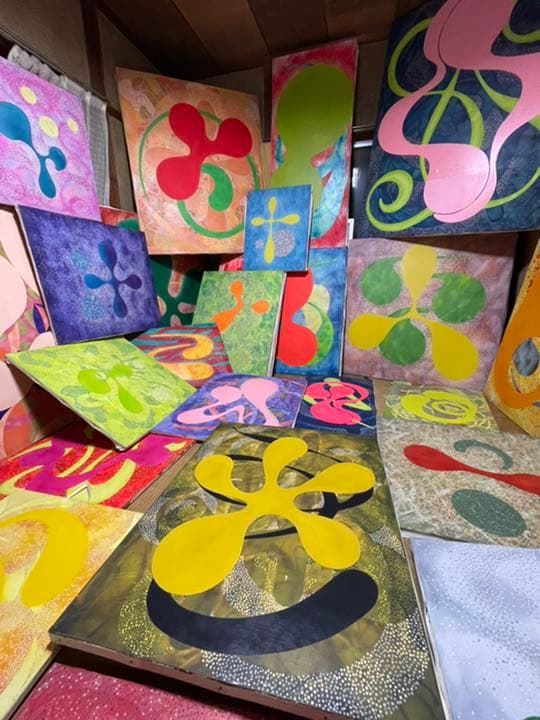 油絵　現代アート　赤&青　　作者あんどうまさひろ　油彩画