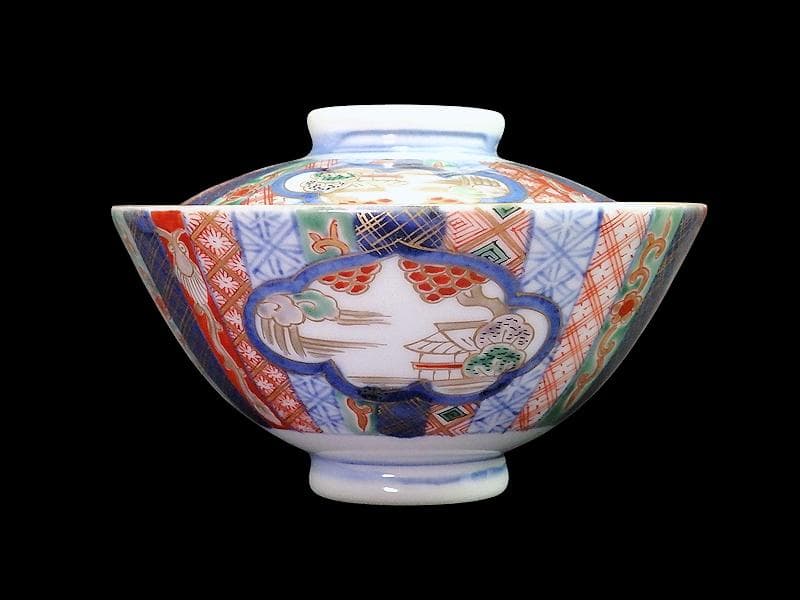 九谷　大聖寺伊万里　金襴手　山水　紋章の図　蓋茶碗　２客　361AS-DAl