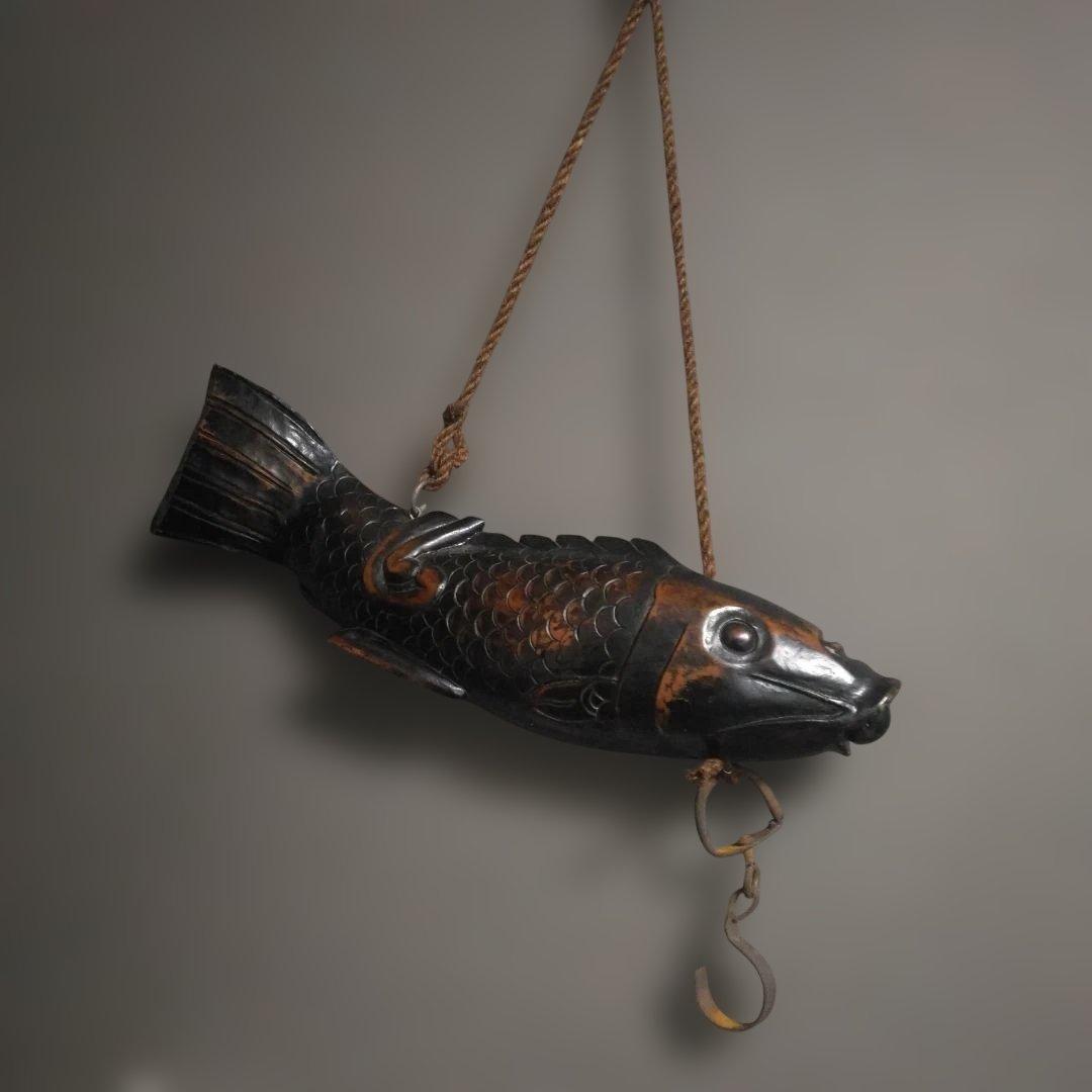 時代物 木製／自在鉤 魚 鯉 横木 全長47cm 囲炉裏 古民芸