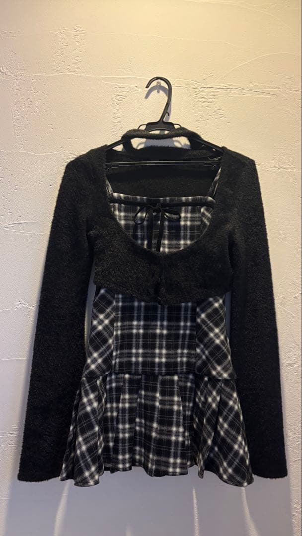 【美品 着用１回のみ】BunnyLisファーボレロ×チェックミニワンピ ブラック