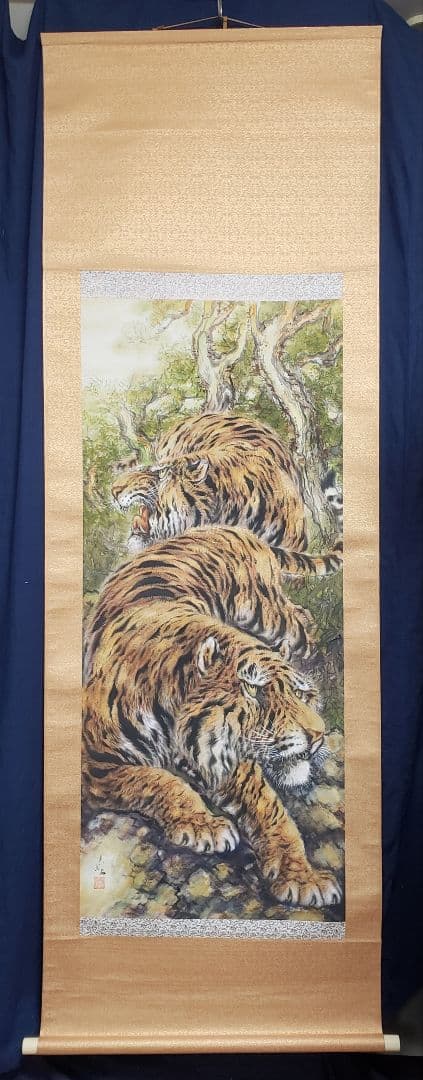 【猛虎双頭図】玉置頼石 2589 トラ 掛け軸　肉筆