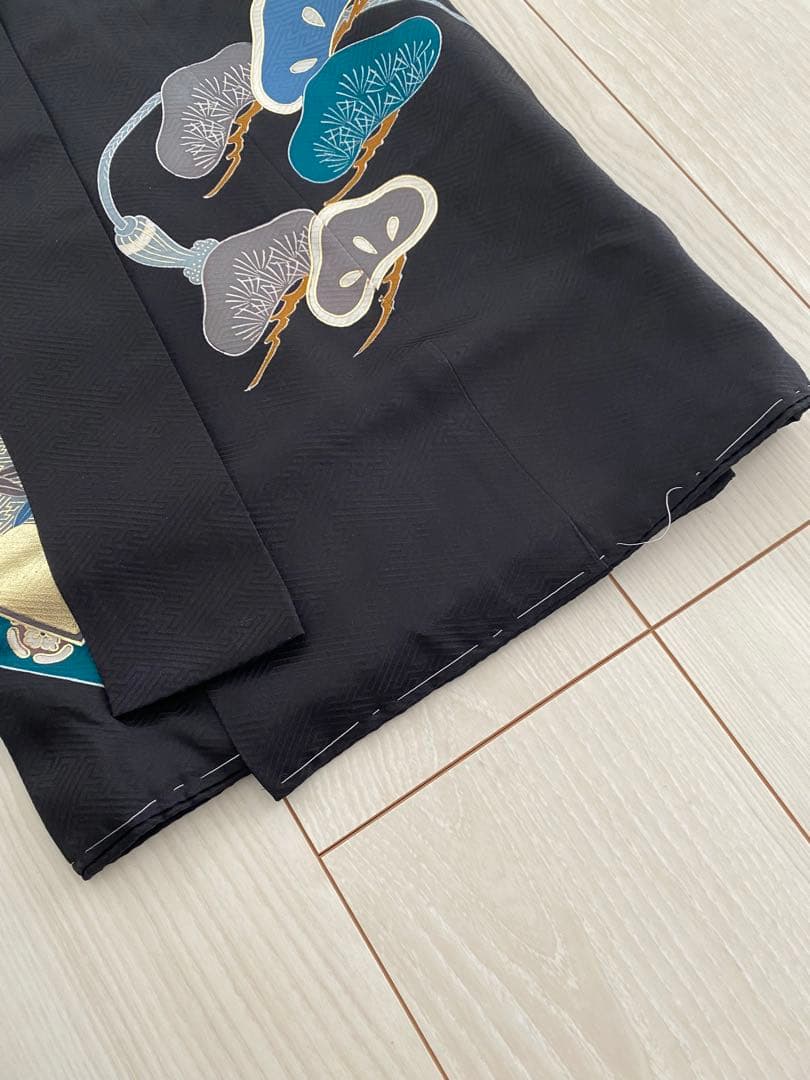 お宮参り 着物 男の子 産着 黒 兜 巻物 松 鶴 正絹 羽織