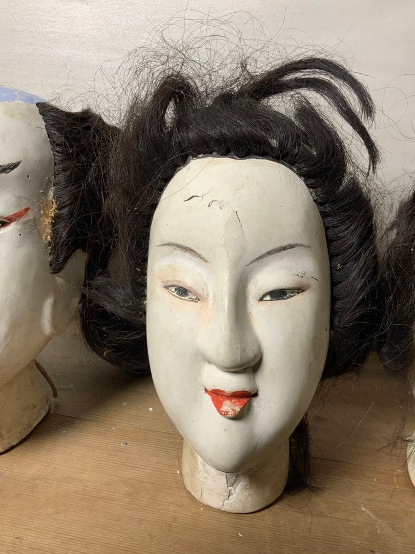 日本の伝統的木製人形の頭4点セット 文楽 幕末~明治 伝統工芸 骨董