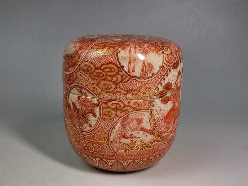 ☆ 福島武山 作 赤繪琴高仙人文 棗 九谷佐野窯盃 共箱 ☆A10