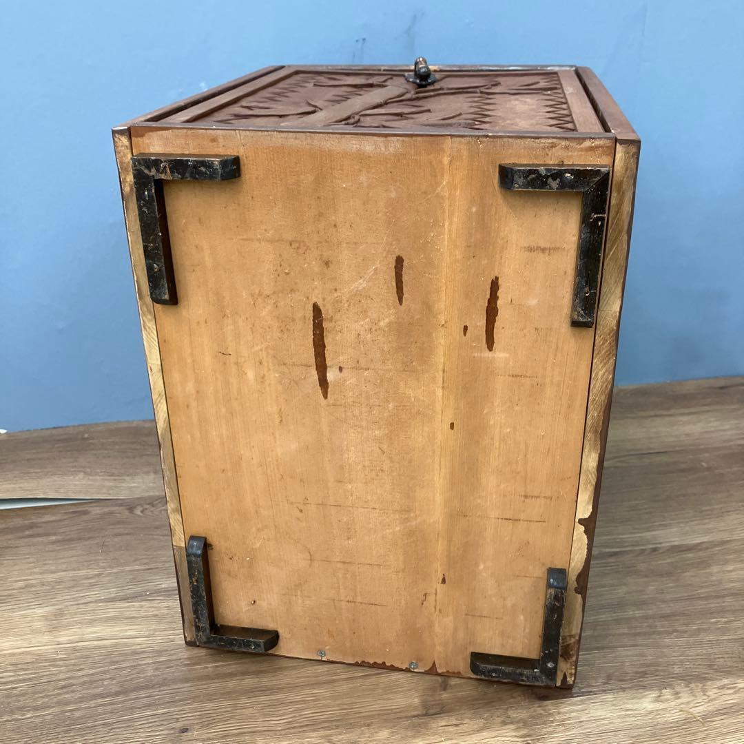 E-3 希少 彫刻 竹林デザイン 木製 4段 収納ボックス 小引き出し 収納