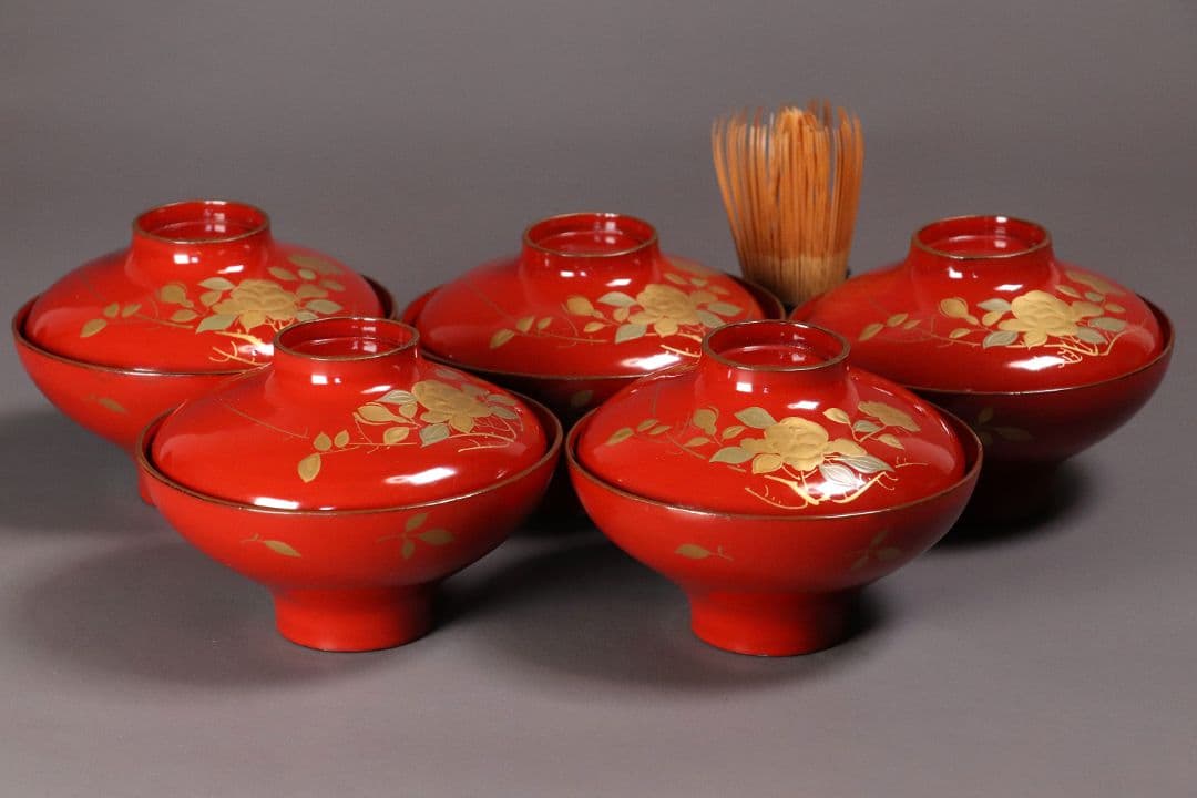 漆芸 明治大正 時代蒔絵椀 五客 天然木 草花 朱塗 金蒔絵【MA358】