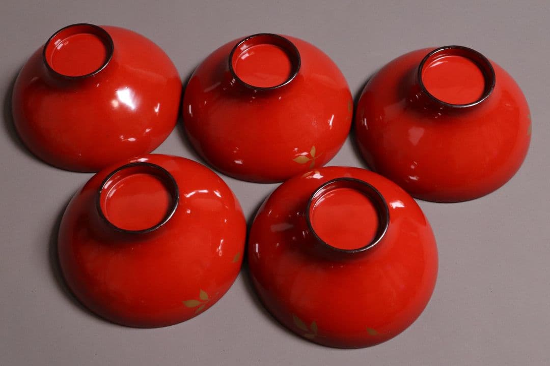 漆芸 明治大正 時代蒔絵椀 五客 天然木 草花 朱塗 金蒔絵【MA358】