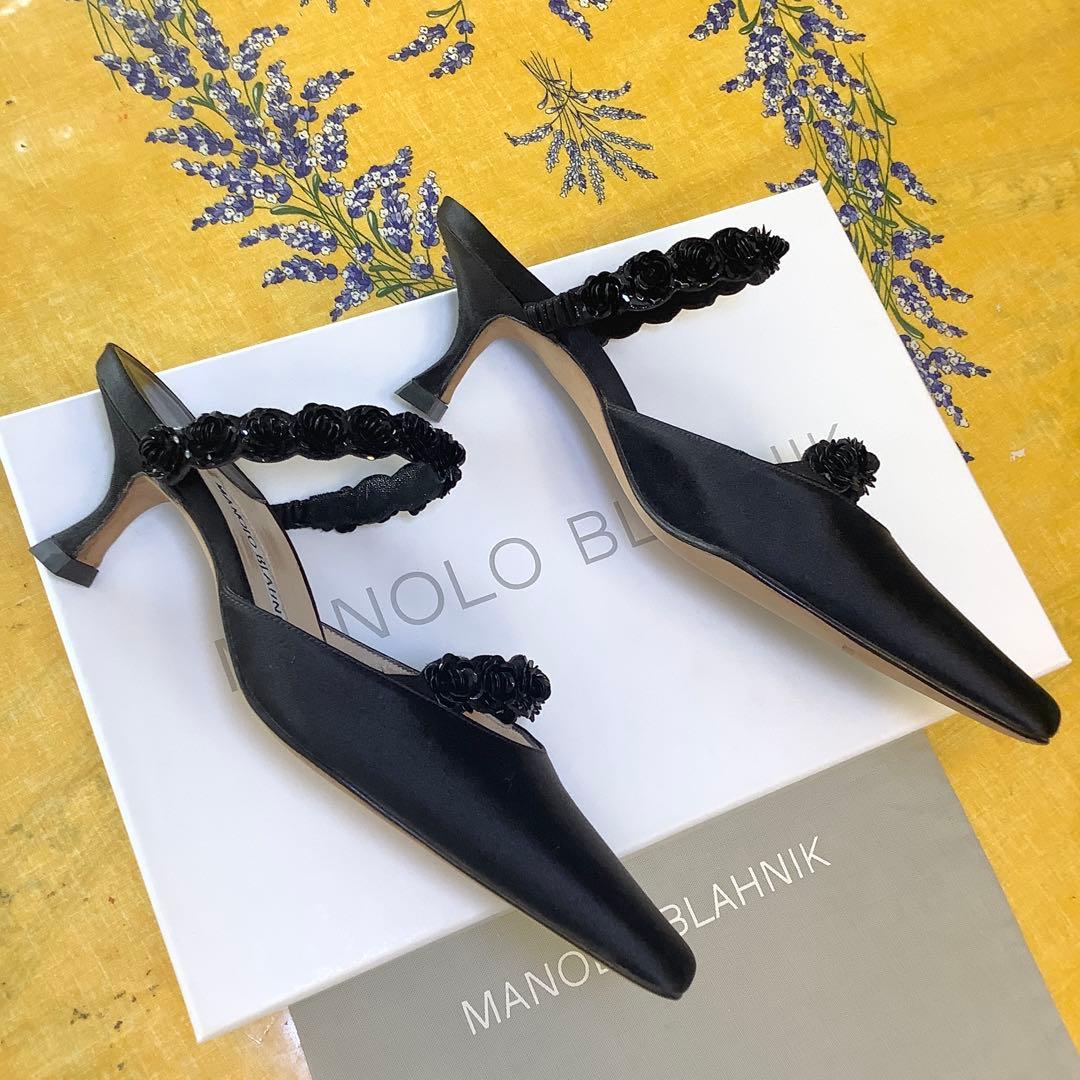 試着のみ新品! マノロブラニク バラモチーフ 極上サテン地 サンダル 22㎝