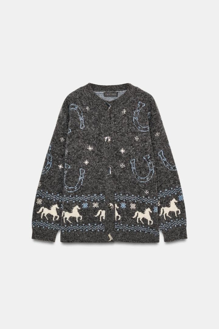 新品 【ZARA 】　ジャカードニットボタンカーディガン M