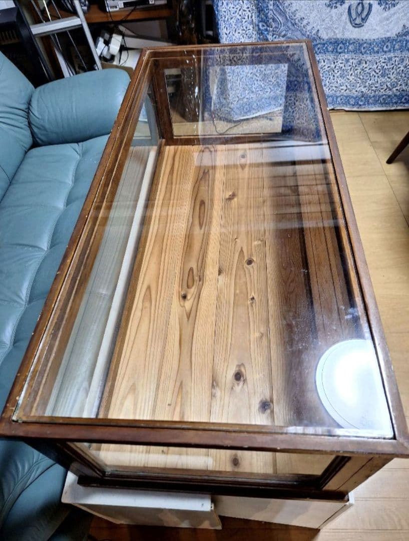 古い木枠の卓上ガラスケース　食器棚　キッチン収納　古家具　古道具