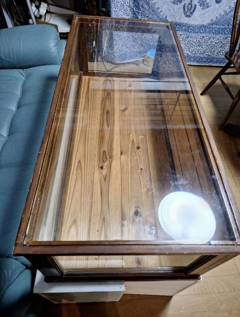 古い木枠の卓上ガラスケース　食器棚　キッチン収納　古家具　古道具